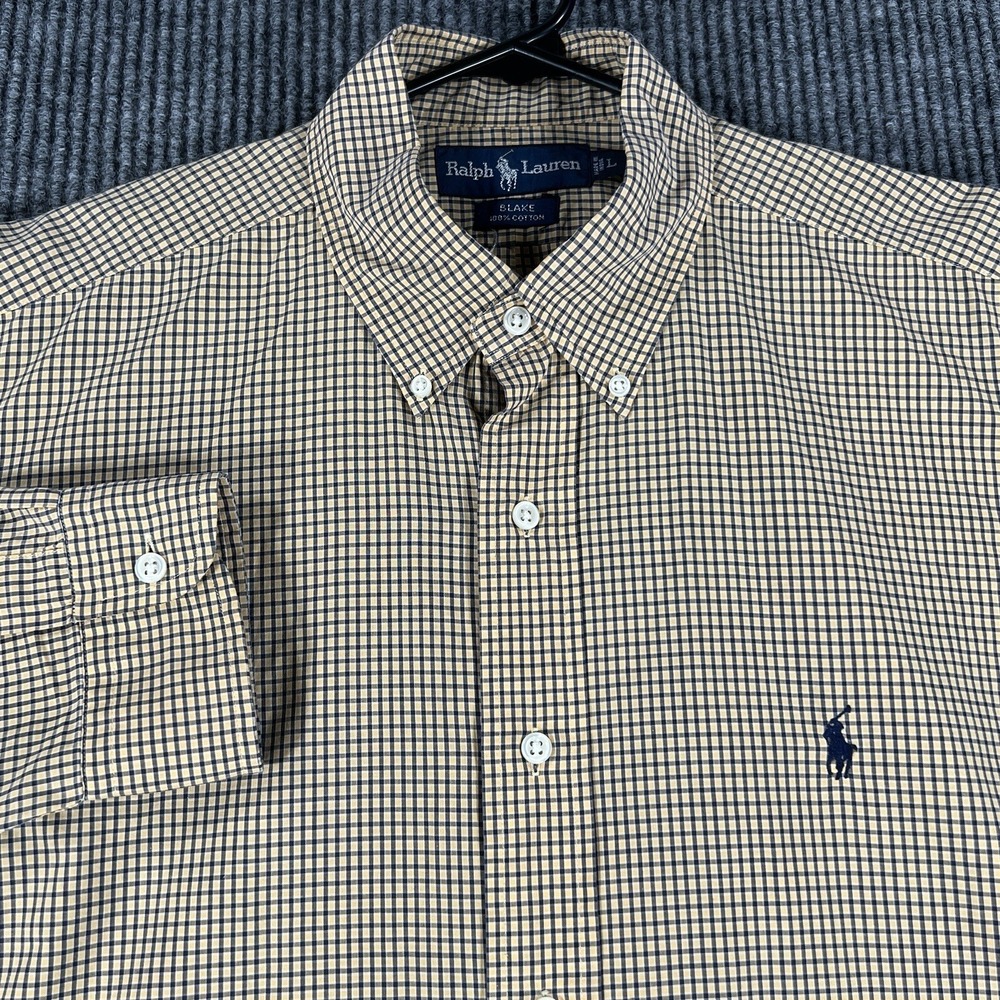 Ralph Lauren Mens Shirt Large Yellow Check Long Sleeve Button Up‎ Blake Cotton